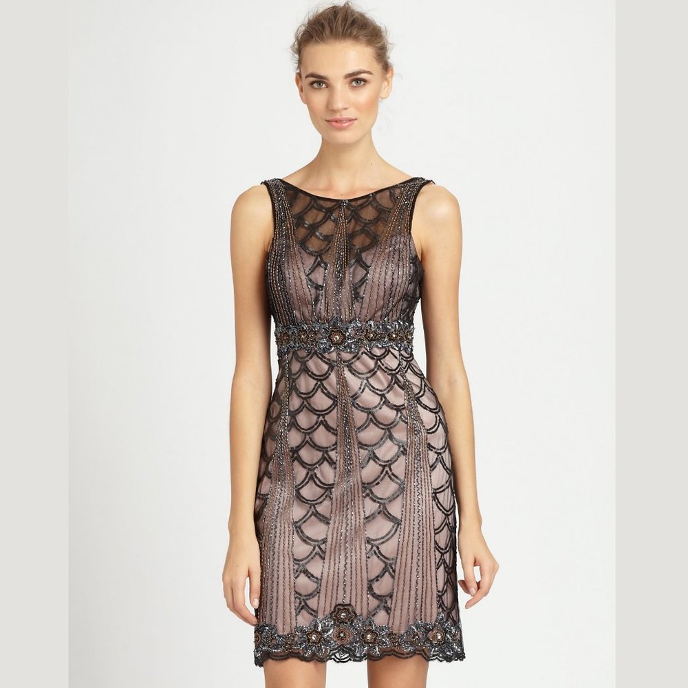 NEW Sue Wong 1920s Gatsby Art Deco Black Rose Beaded & Sequined Cocktail Dress 0